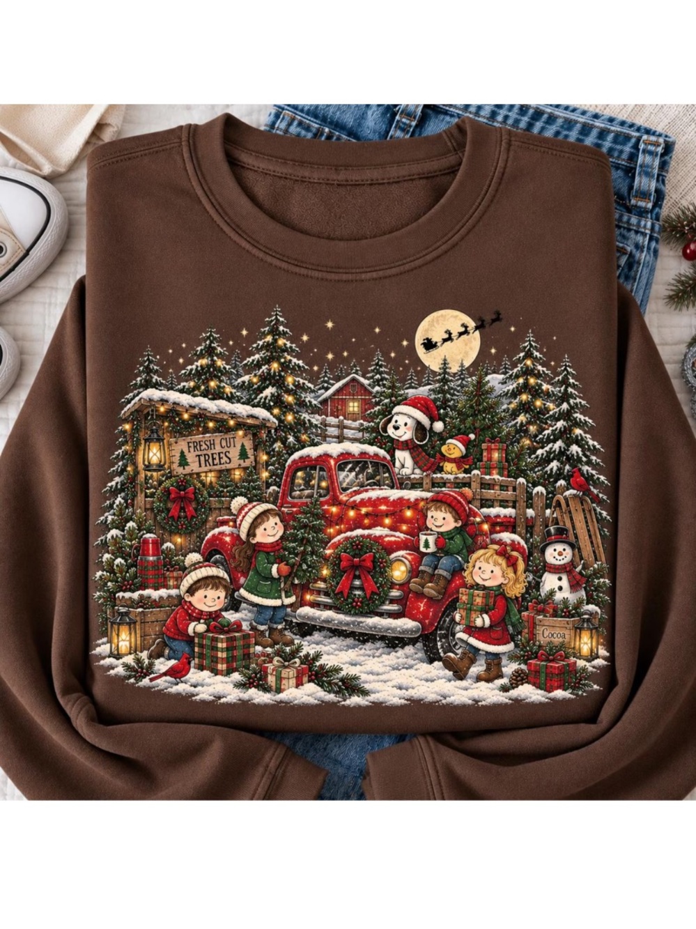 Dark Chocolate Women's Christmas Truck Graphic Sweatshirt